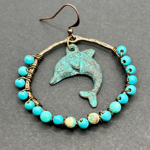 Dolphin Handmade Bronze Hoop Earrings with Wire Wrapped Howlite Beads - Picture 2 of 2